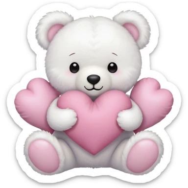 "A fluffy white teddy bear holding a heart-shaped pillow, adorned with a pink bow, dreamy aesthetic."
 sticker