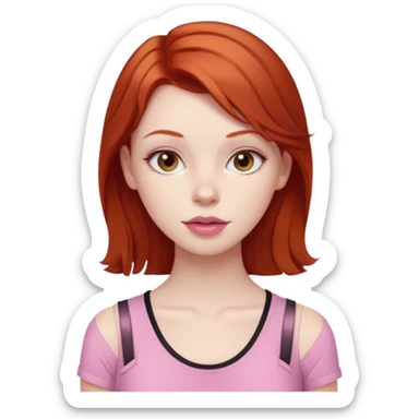 Redhead girl with deep brown eyes, pale skin with light red lips wearing a pink strap shirt sticker