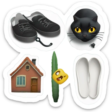 Two ear plugs, a now dead bug A black cat mid sneeze, an old picture of me Snake plant, slippers, and house keys The couch I slept on most of 2019 sticker
