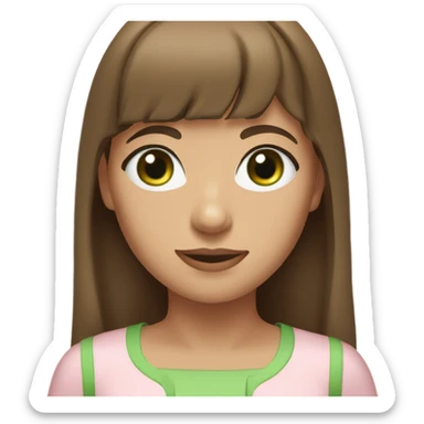  a young woman with a confident and kind expression, long brown hair with bangs, and green eyes. She is wearing a light pink outfit  sticker