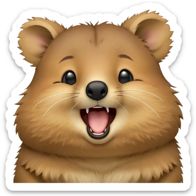 cinematic-realistic  yawning quokka-emoji,-small-round-frame, head tilted in an endearing manner, wouth wide open yawning, sleepy comical smile, round cheeks, giant-fluffy-cheeks-large-smile-fluffy-brown-fur-radiating-a-warm-softness,-big-round-eyes-filled-with-joy, realistic round  fluffy zoomed in, large black eyes one paw raised in the air sticker