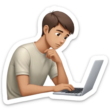 Emoji: A man with short brown hair, deep in thought while working on a laptop. He slightly leans forward, one hand on the keyboard, the other near his chin as if analyzing something important. Futuristic but minimalistic style. sticker
