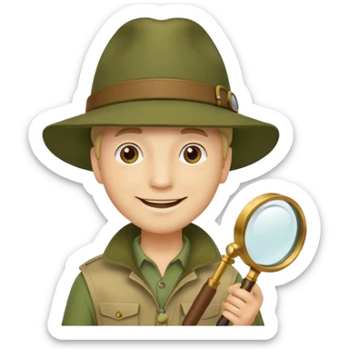 man in beige moss green explorer outfit, hat, holding magnifying glass, smile sticker