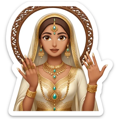 An Arab woman takes a mirror selfie, showcasing her beautifully adorned hands with intricate henna designs and long, elegant nails. She wears multiple gold rings that complement her shimmering golden traditional outfit. sticker