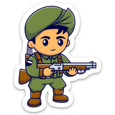 Indian soldier greasing a gun, cartoonish sticker sticker