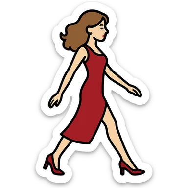 Depict the same girl from the previous reference (Screenshot_16.png) with the same appearance, hairstyle, red dress, and shoes in the style and color as before, but with the pose of arms and legs as shown in the new sketch (1 (3).png). Ensure the entire figure is fully in frame without cropping any body parts. Transparent background. sticker