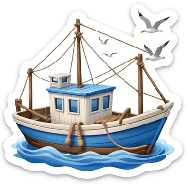 Design a small fishing boat with nets & seagulls around it. sticker