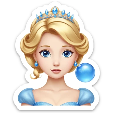 Cinematic Stunning Cinderella Portrait Emoji, Radiant in her sparkling blue ball gown, golden hair in a perfect updo, soft blue eyes full of wonder, glistening tiara, glowing with an ethereal beauty, regal yet kind, a dreamlike aura surrounds her, capturing the essence of a fairy tale princess, elegant and breathtaking! sticker