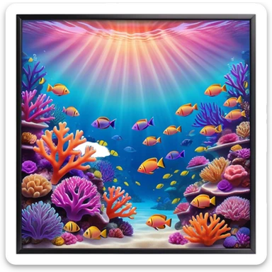 Cinematic Realistic Coral Reef Emoji in a wooden frame, Vibrant and alive, with colorful corals in hues of pink, purple, and orange, swaying gently with the underwater currents. Schools of tropical fish dart between the coral, with soft rays of sunlight piercing through the clear blue water above, creating a magical, serene underwater world. Soft glowing outline, capturing the essence of the bustling, colorful, and peaceful aquatic paradise. sticker