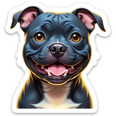 Cinematic Comical Black/Brindle Staffordshire Bull Terrier Portrait Emoji, Head tilted dramatically with an exaggeratedly amused expression, featuring a striking Fur with bold black and brindle patterns, wide, expressive dark eyes filled with playful disbelief, Simplified yet hilariously expressive features, highly detailed, glowing with a slightly sassy glow, high shine, dramatic yet playful, stylized with an air of cheeky mischief, bright and endearing, soft glowing outline, capturing the essence of a spirited and over-the-top guardian, so meme-worthy it feels like it could side-eye its way into internet fame instantly! sticker