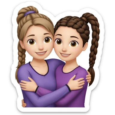 Comforting Hug two white skin women, one shorter woman with medium brown simple top ponytail, not braided, and one taller woman with a single long black side braid sticker
