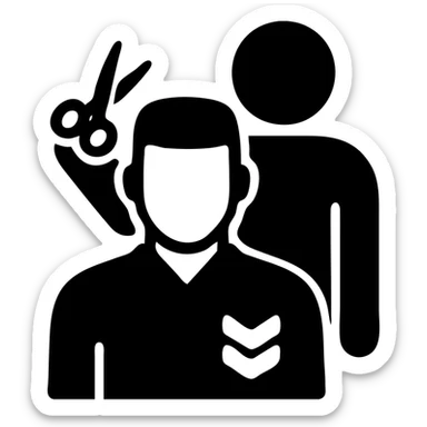 a soldier man getting a haircut, solid filled icon style sticker