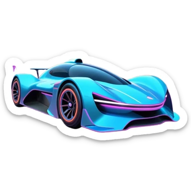 A futuristic racing car with glowing neon lights, sleek aerodynamic design, and a cyberpunk cityscape in the background. The car is speeding through a neon-lit street with high-tech buildings and holograms." sticker