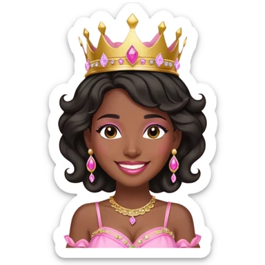 Crown dark black women smiling with really longer lightly WAVY hair pink dress pink crown facing forward black hair middle age adult woman gold gems in crown gold earrings  one woman smiling wink less body sticker
