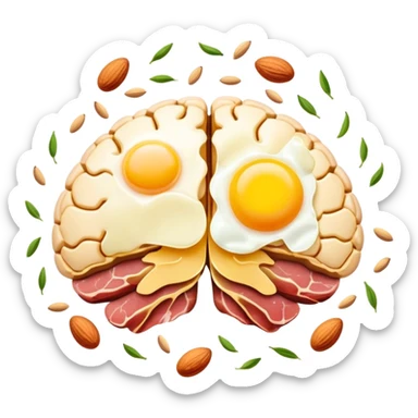Glowing brain near a shimmering liver, with choline-rich foods floating around them: eggs with bright yellow yolks, clusters of almonds, cuts of lean meat, and dairy products. Golden connections flow between the foods and organs, showing the pathway of this essential nutrient. sticker