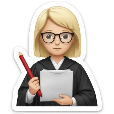 Young judge, blonde hair with glasses and robe, hold a paper sticker