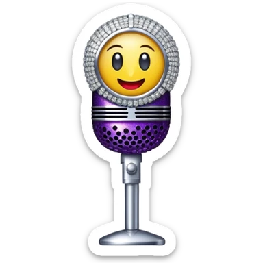 Create a glamorous and vibrant emoji representing stage vocal performance. The design should feature a humanless collage of classic vintage microphone, stage costume covered in rhinestones, sparkling brightly. The costume should be stylized, with glittering elements like sequins and sparkles, and reflect the glitzy, extravagant nature of show business. The microphone should have a sleek, retro look with chrome or metallic accents. Use rich, dazzling colors like gold, silver, deep purple, and bright red to evoke the glamorous, larger-than-life feel of a stage performance. The background should be transparent. sticker