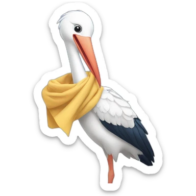 White stork carrying a blue bundle of cloth in its big beak that has a cute human person cute baby boy inside and his head is peeking from the fabric the strok is carrying in its beak sticker
