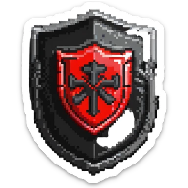 Shield badge with a digital lock and red warning symbols, cybersecurity theme, menacing look sticker
