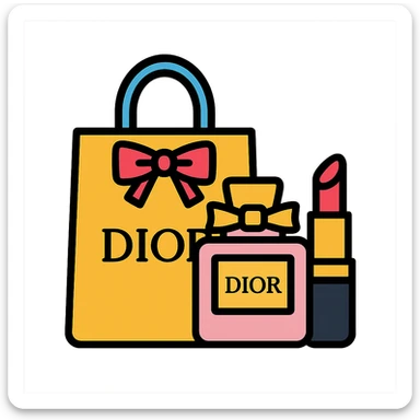 Dior products, chic and luxurious style, lineal color icon with black outlines sticker