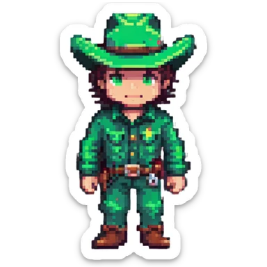 Pixel art cowboy with green outfit and green cowboy hat sticker