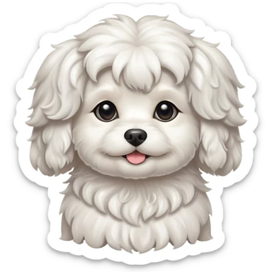 Cinematic Cute Wavy-Haired Maltese dog Portrait Emoji, Head tilted playfully and inquisitively, featuring a luxurious, wavy-haired white coat with a healthy sheen, round, sparkling dark eyes filled with curiosity, Simplified yet irresistibly adorable features, highly detailed, glowing with a warm, friendly glow, high shine, affectionate and lively, stylized with a touch of whimsy, bright and endearing, soft glowing outline, capturing the essence of a mischievous yet loving companion, so playful it feels like it could scamper out of the screen and into your arms! sticker
