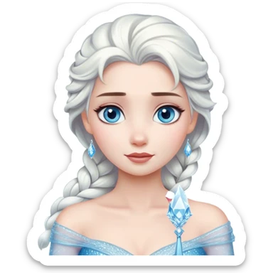 Cinematic Serene Snow Queen Portrait Emoji, rendered in a simplified vector style. Depict a gentle Elsa (chest and above) with delicate icy skin, softly cascading platinum hair, and calm, reflective blue eyes, dressed in her classic ice-blue gown. The image exudes a soft, luminous frosty radiance with high shine and a subtle glowing outline. sticker