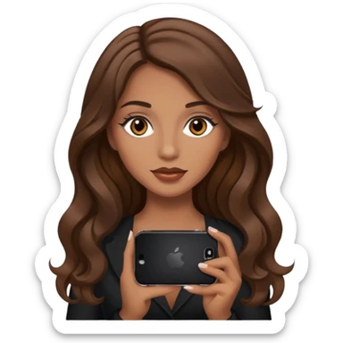 Chica pelo castaño largo ondulado con ojos café claro maquillada sosteniendo un iPhone sticker