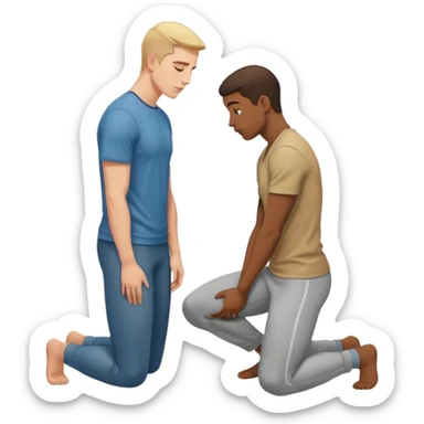one guy standing up and the other guy is on both of his knees in front of said guy standing up who is loookg down at him and guy on knees is looking up at him sticker