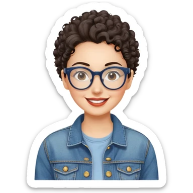 Mujer caucasian, cara redonda, gafas grandes rectangulares, cejas delgadas, pelo oscuro rizado recogido. Sonrisa amplia, expresión feliz. Chaqueta de mahón. sticker