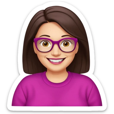 50 yr Caucasian woman, long dark brown hair parted on side, brown eyes, brown glasses, big smile, white teeth, fuscia sweater, chubby,  sticker