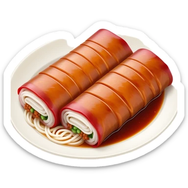 BBQ pork rice noodle roll Char Siu Cheung Fun with reddish meat filling, simplified emoji style with bold outlines and bright colors, cartoon style Guangdong breakfast favorite sticker