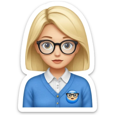 ragazza bionda vestita con camicia e maglione, con occhiali, occhi azzurri che è seduta al pc  sticker