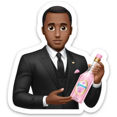 A realistic product shot of a transparent bottle of Johnson’s Baby Oil by Johnson & Johnson, featuring a soft pink label. The oil inside is crystal clear and glossy. Sean "Diddy" Combs in black suit is holding the bottle sticker