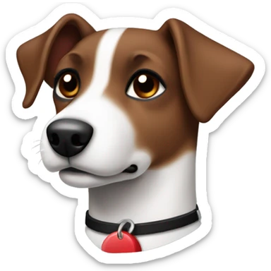 Brown and black Jack russel with no white on her and a red collar  sticker