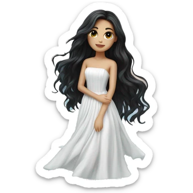 Pretty young Lady doll posing posed pose with long black hair flowers in hair white dress surrounded by flowing water sticker