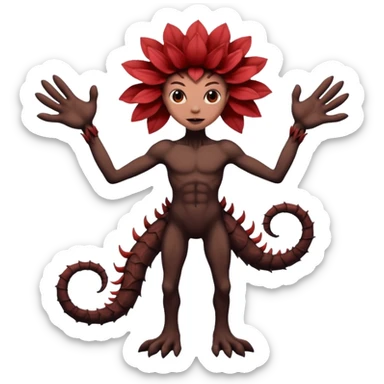 A flower like a monster with arms and legs, the body is a little bit black and the another bit brown like a demogorgon the head part red sticker