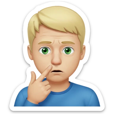 a emoji with two fingers in his nose, make him have a natural white skincolour and blonde hair, blue/green eyes, put the fingers in his nose, its a man and he needs two fingers IN his nose sticker