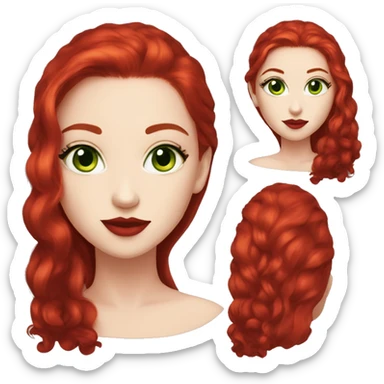straight long ruby red hair,red lipstick red,green eyes, white skin and a small nose sticker