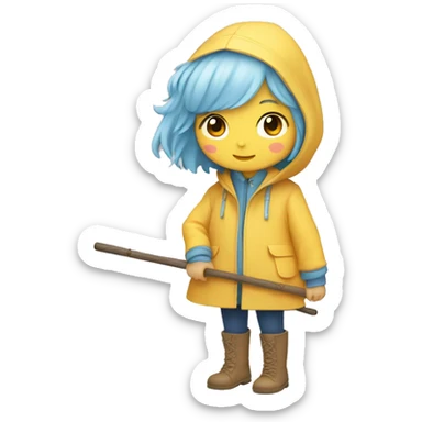 Cute little girl with light short blue hair with peach skin, with yellow raincoat hidden with boots holding a staff, Sanrio design sticker