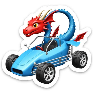 Special three cylinder race car whose frame and suspension is made of shopping cart material with a large rear spoiler is being professionally steered driven by a small thin dragon  sticker