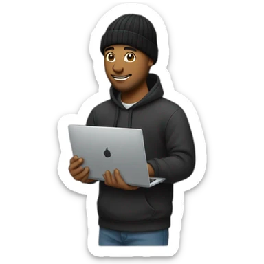 tech guy in with black beanie holding a laptop sticker