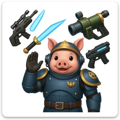 Add more sci-fi weapons to the pig Helldiver, such as futuristic rifles, energy swords, or grenade launchers, in the style of emoji (apple style emojis). sticker