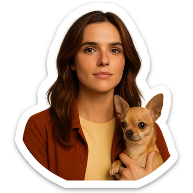 Create a centered portrait for an Instagram profile image inspired by the facial features visible in the reference images of Zoe Deutch. The subject has a tanned complexion with subtle freckles, wearing a shirt in color #FFF8CA and a rust-colored jacket. Hair is medium-length brown with auburn highlights. The expression is proud and confident. The subject is holding an expressive and cute beige-brown chihuahua. The style is inspired by a Netflix series with an intimate and expressive atmosphere reminiscent of Tenerife. The background should be transparent. sticker