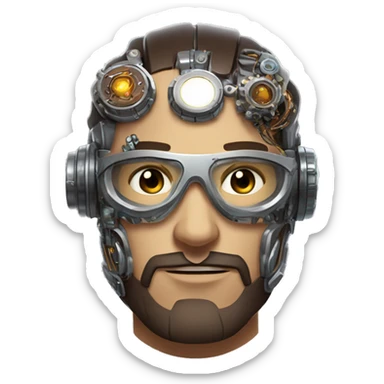 male cyborg head with brown short  hair, brown beard, silver steampunk goggles and circuits sticker