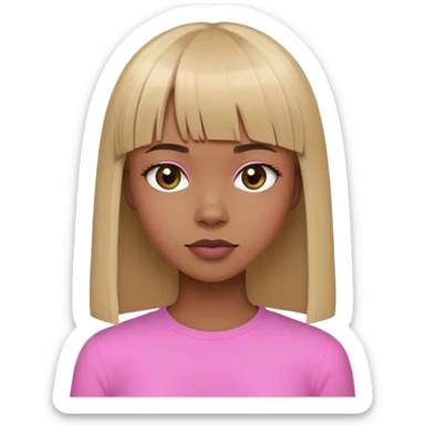 Dark blond girl with strigh hair aand with fringe with a pinky shir sticker