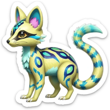 Rare realistic neon-colored iridescent shiny warm-colored lush tropical exotic cute epic pretty beautiful handsome gorgeous aesthetic colorful vibrant Vernid-Protogen-Primagen-Wickerbeast-Genet-Trico-species-Fakemon-hybrid-creature by LiLaiRa, beautiful intricate markings, full body sticker