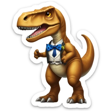 A giant T. rex dawning tactical gear and a bow tie sticker