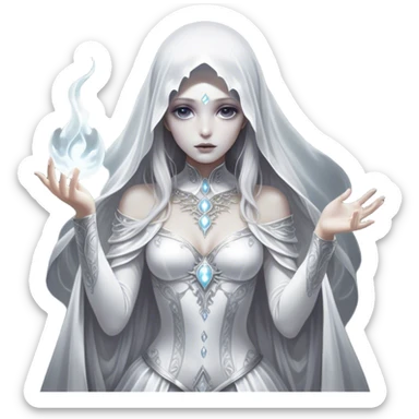 Cinematic, Ultra realistic 32k HD, Breathtaking piece of art, rim lighting, hauntingly beautiful art, mostly greyscale, Balanced features, highly detailed digital artwork, glowing with silver light, glowing, high shine, deviant adoptable, highly detailed clothing, remembrance, a painting of white silver, fanciful, enchanting, ghostly, embodying the essence of both reality and fantasy, dreamy, dreamy glow, optical illusion, immaculate composition, complex pose, air composition. The image is so lifelike that it feels as though it could leap off the canvas at any moment sticker