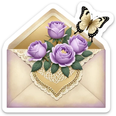 A delicate still life of an aged love letter sealed with golden wax, placed on a vintage lace doily, accompanied by a bouquet of pale purle roses and white peonies, with a shimmering pearl butterfly resting on the envelope. sticker